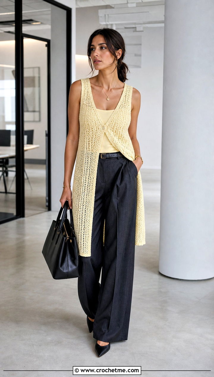 Long V Neck Crochet Tank Top With Tailored Trousers - 20 Crochet Long Tank Top outfit ideas