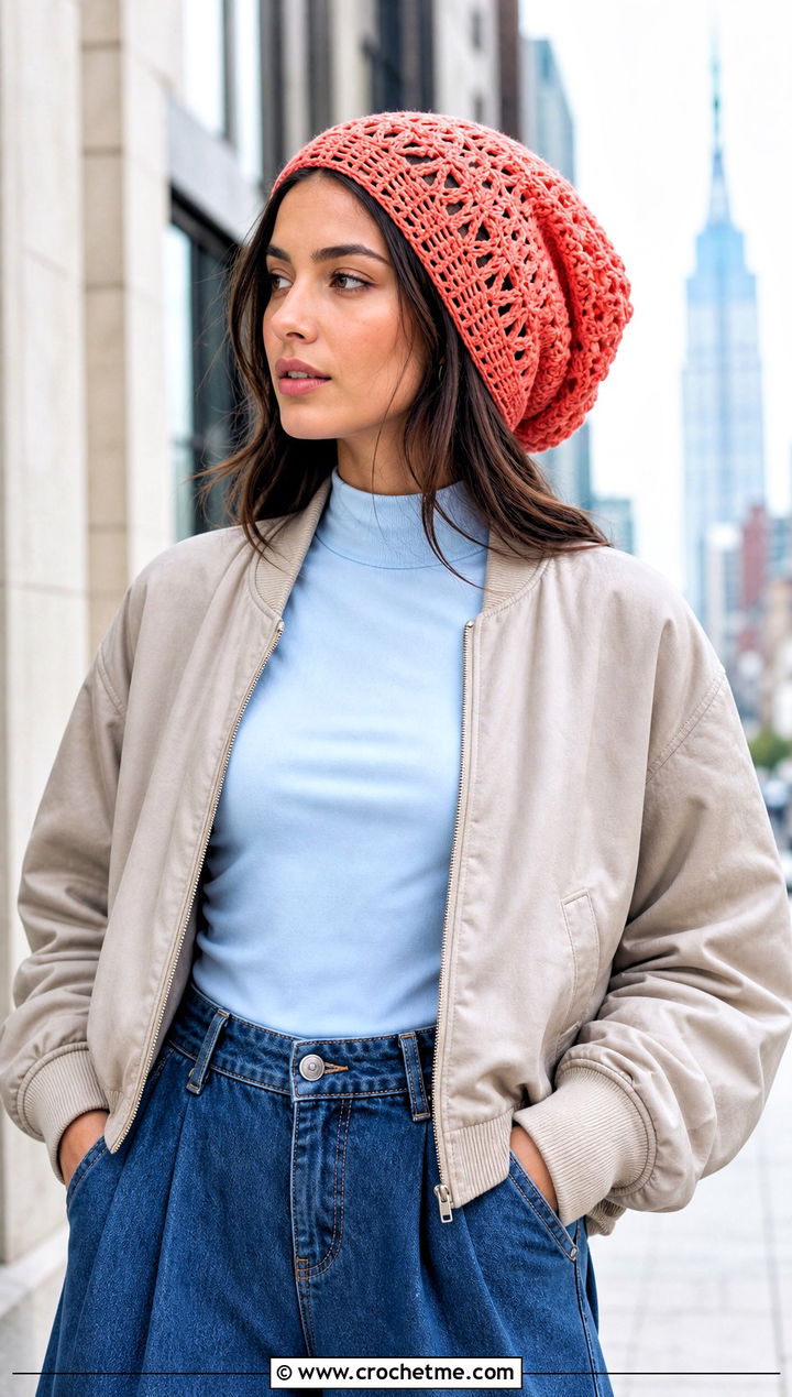 Long V Stitch Crochet Slouch Hat With Wide Leg Jeans - 25 Long Crochet Hat outfit ideas