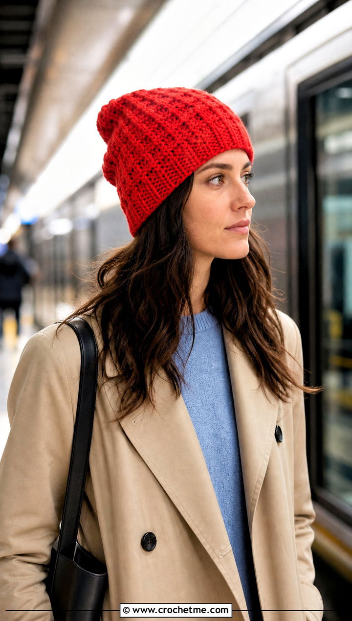 Long Waffle Stitch Crochet Hat With Trench Coat - 25 Long Crochet Hat outfit ideas