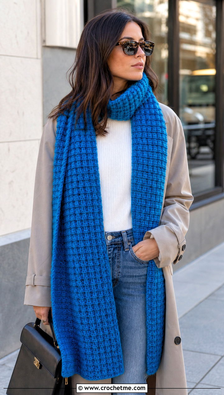 Long Waffle Stitch Crochet Scarf With Trench Coat - 30 waffle stitch crochet scarf outfit ideas