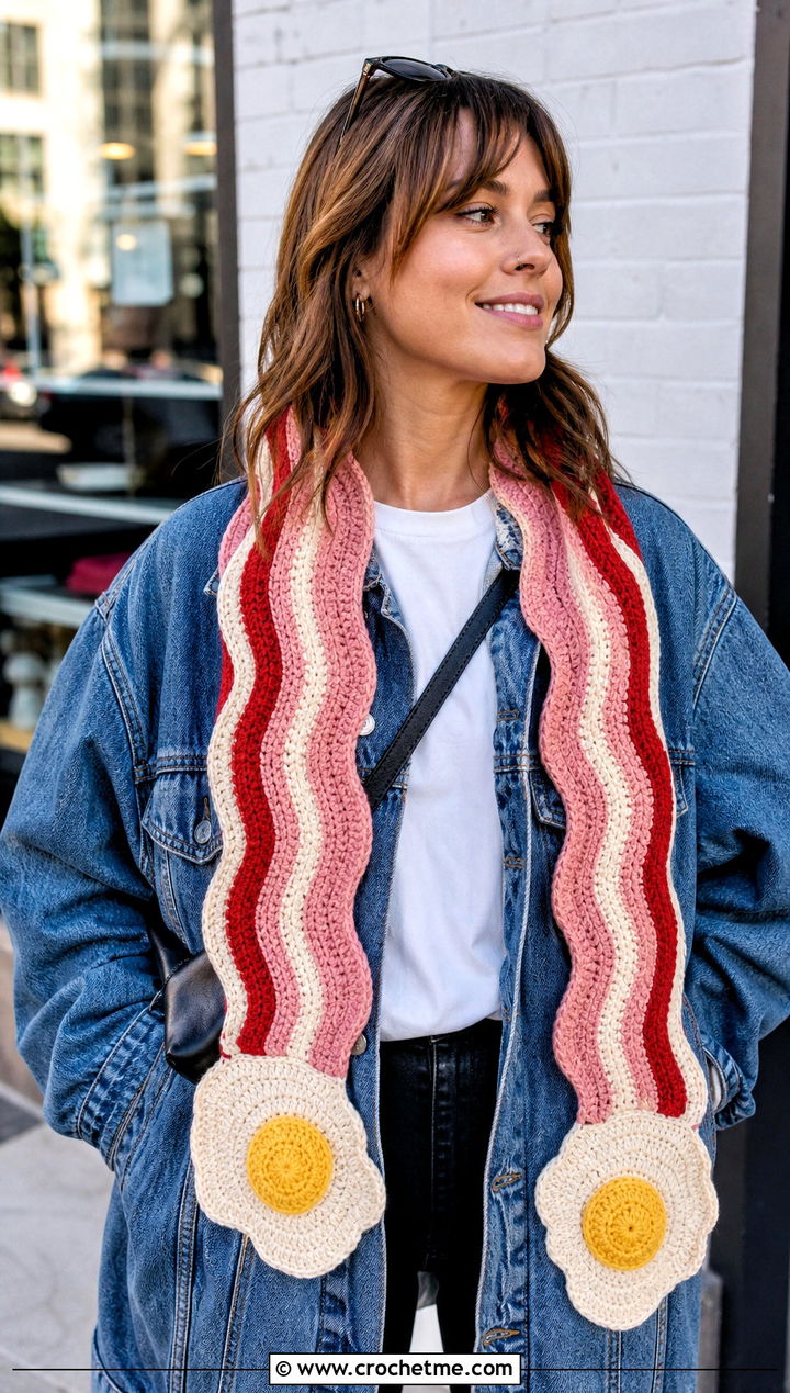Long Wavy Bacon And Eggs Scarf With Denim Jacket - 20 Crochet Bacon And Eggs Scarf outfit ideas