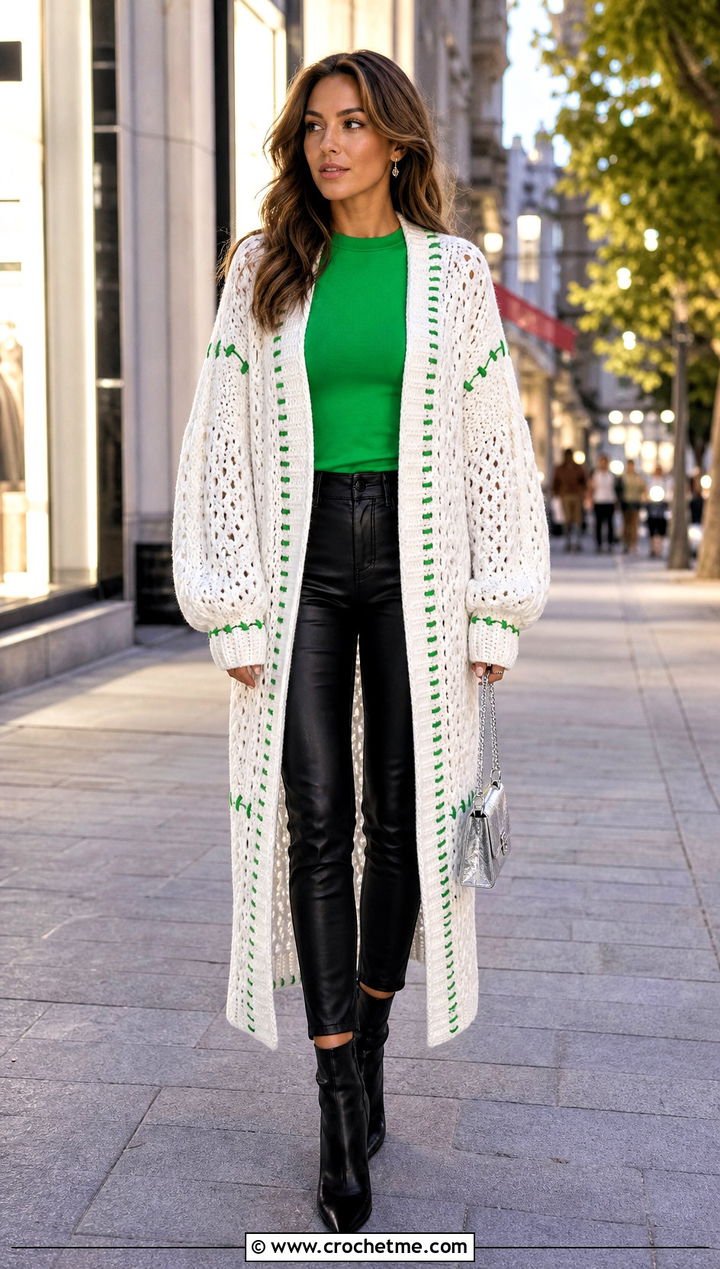 Long White Balloon Sleeve Crochet Cardigan With Leather Pants - 15 Long White Crochet Cardigan outfit ideas