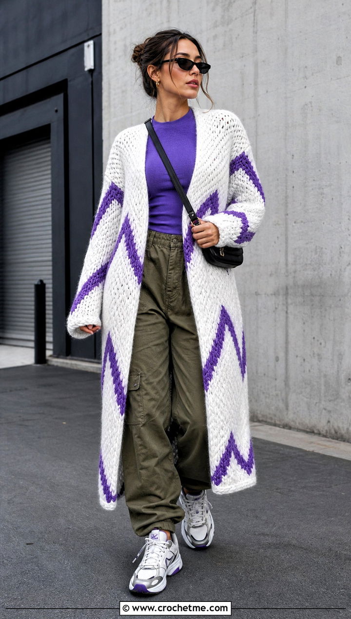 Long White Chevron Stitch Crochet Cardigan With Cargo Pants - 15 Long White Crochet Cardigan outfit ideas