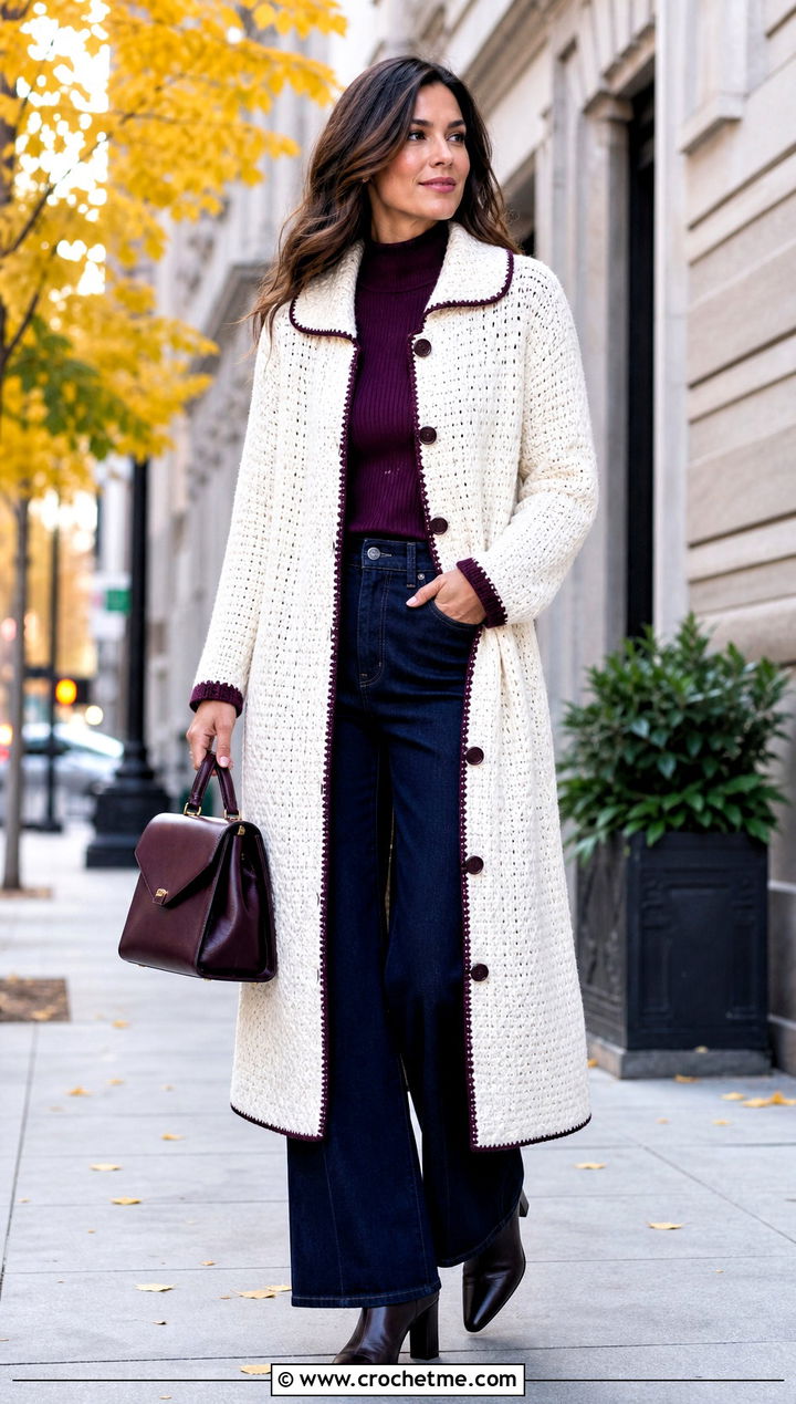 Long White Collared Crochet Coatigan With Wide Leg Jeans - 15 Long White Crochet Cardigan outfit ideas