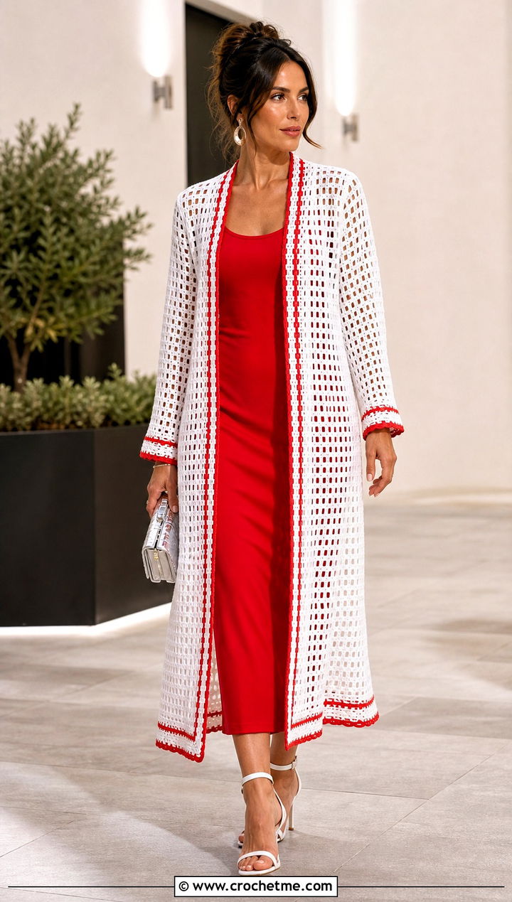 Long White Filet Crochet Cardigan With Column Dress - 15 Long White Crochet Cardigan outfit ideas