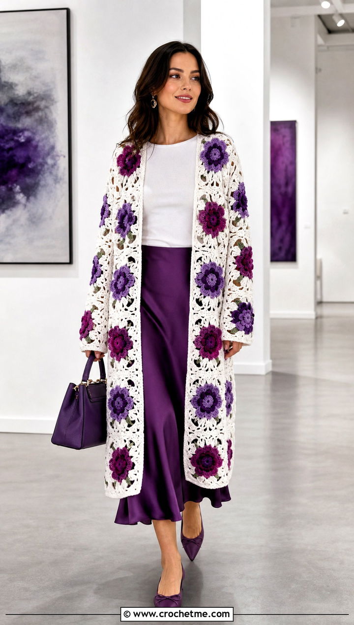 Long White Floral Motif Crochet Cardigan With Satin Midi Skirt - 15 Long White Crochet Cardigan outfit ideas