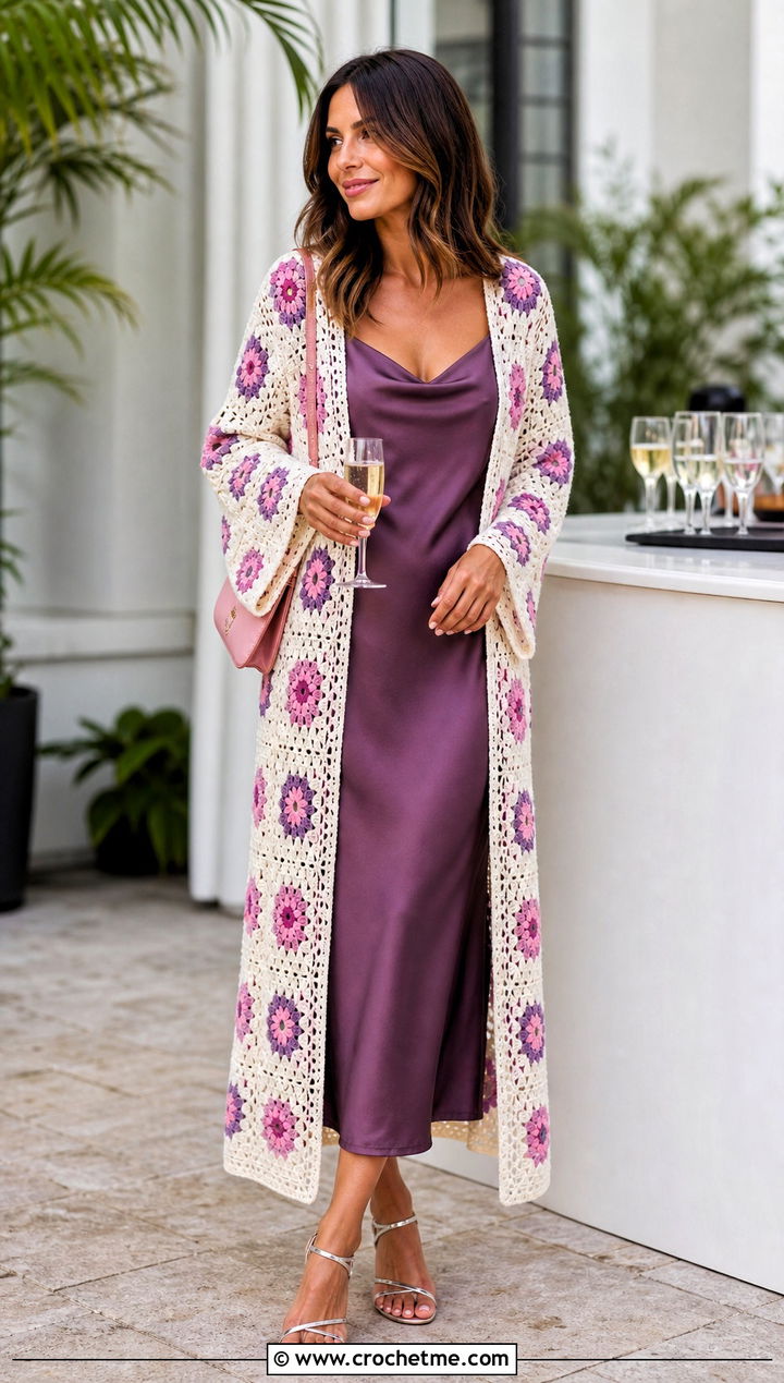 Long White Granny Square Crochet Cardigan With Slip Dress - 15 Long White Crochet Cardigan outfit ideas