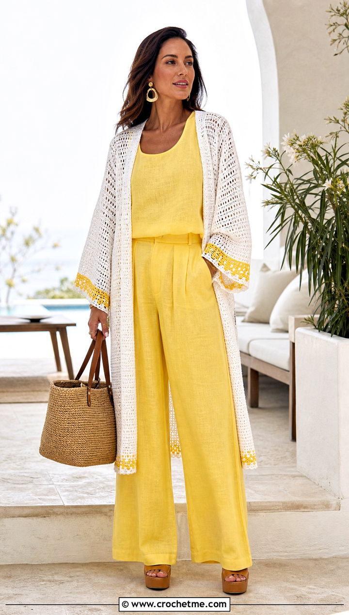Long White Kimono Sleeve Crochet Cardigan With Linen Set - 15 Long White Crochet Cardigan outfit ideas