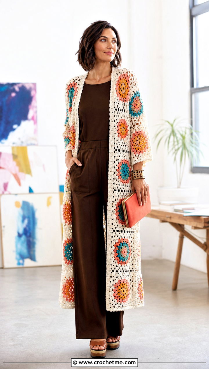 Long White Patchwork Crochet Duster With Jumpsuit - 15 Long White Crochet Cardigan outfit ideas