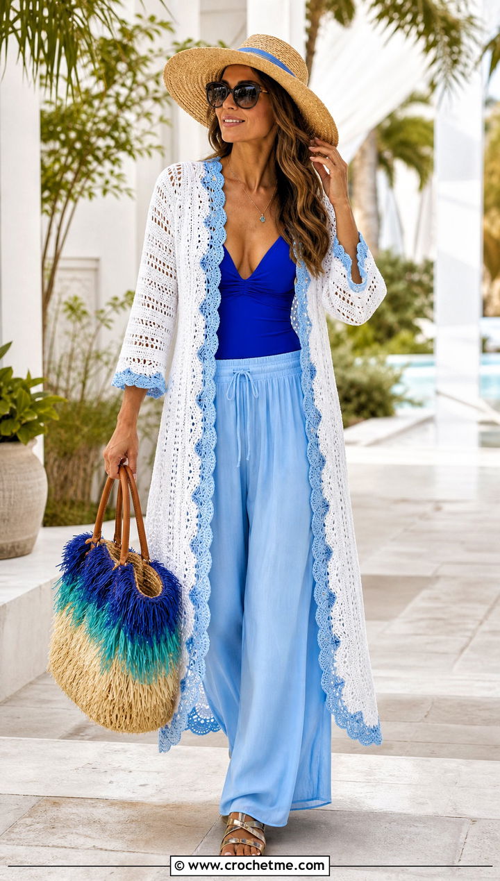 Long White Scalloped Hem Crochet Cardigan With Swimsuit And Palazzo Pants - 15 Long White Crochet Cardigan outfit ideas