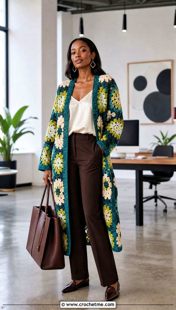 Longline African Flower Crochet Cardigan With Tailored Trousers - 30 african flower crochet cardigan outfit ideas