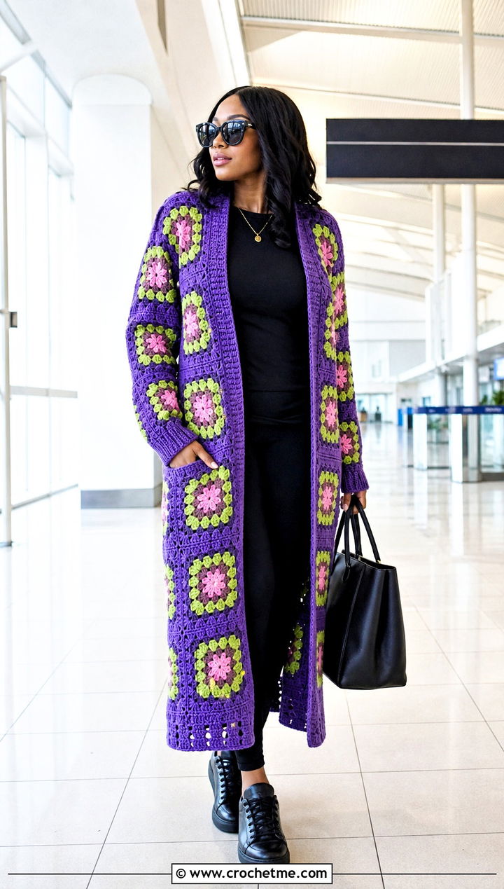 Longline African Flower Granny Square Cardigan With Black Leggings - 30 african flower granny square cardigan outfit ideas