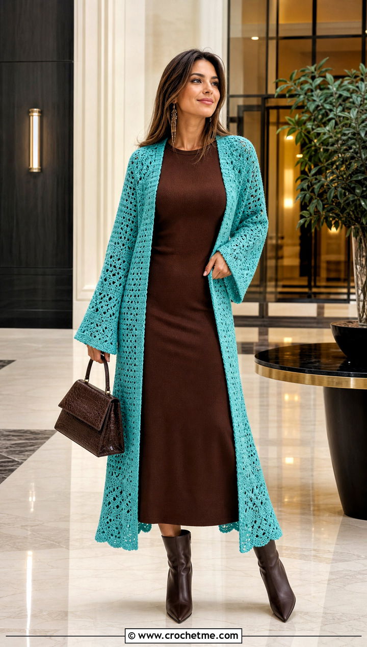 Longline Bell Sleeve Crochet Cardigan With Column Dress - 25 bell sleeve crochet sweater outfit ideas