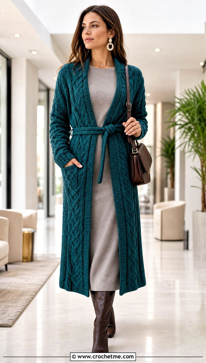Longline Belted Crochet Cable Cardigan With Column Dress - 25 Crochet Cable Cardigan outfit ideas