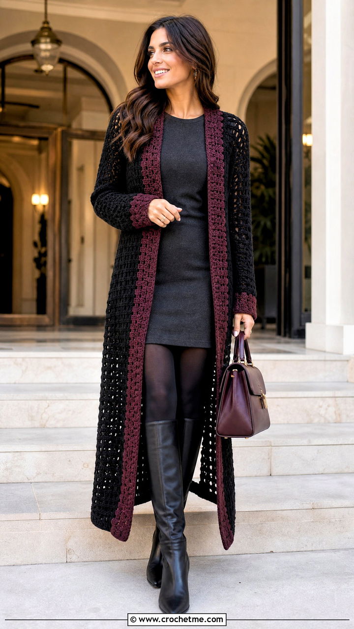 Longline Black Crochet Sweater With Mini Dress And Boots - 35 black crochet sweater outfit ideas