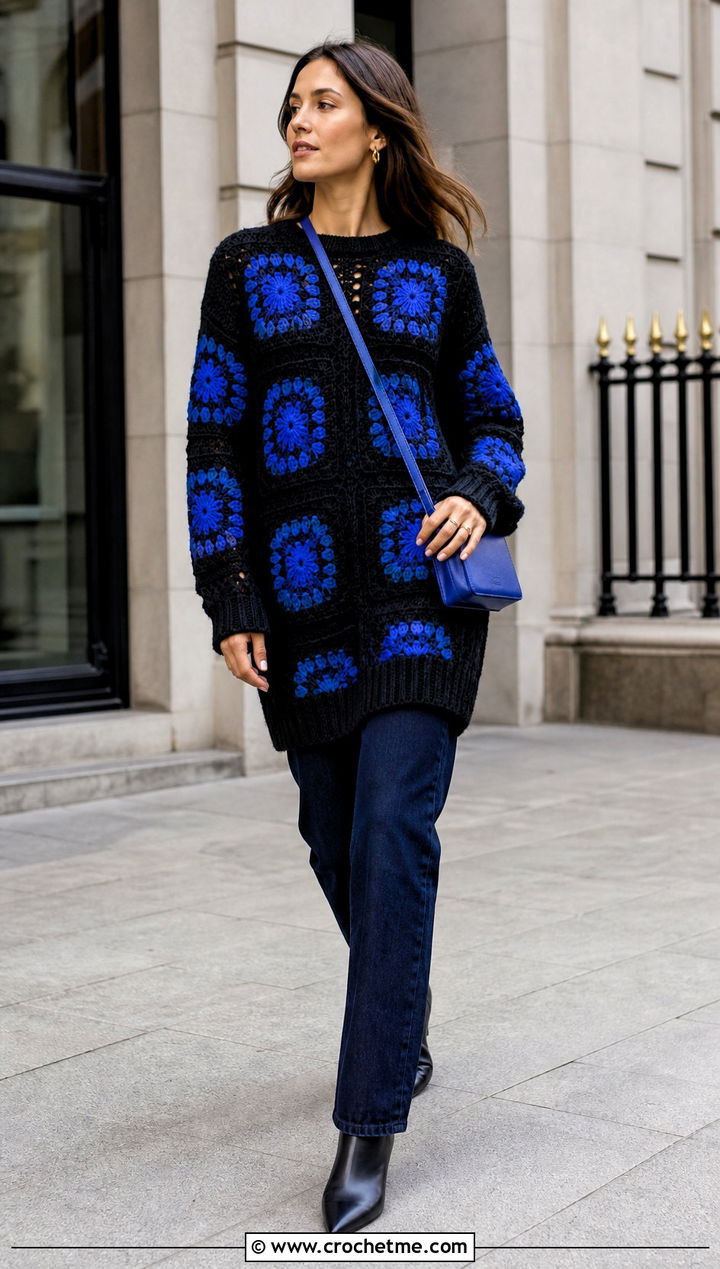 Longline Black Granny Square Sweater With Straight Leg Jeans - 25 black granny square sweater outfit ideas
