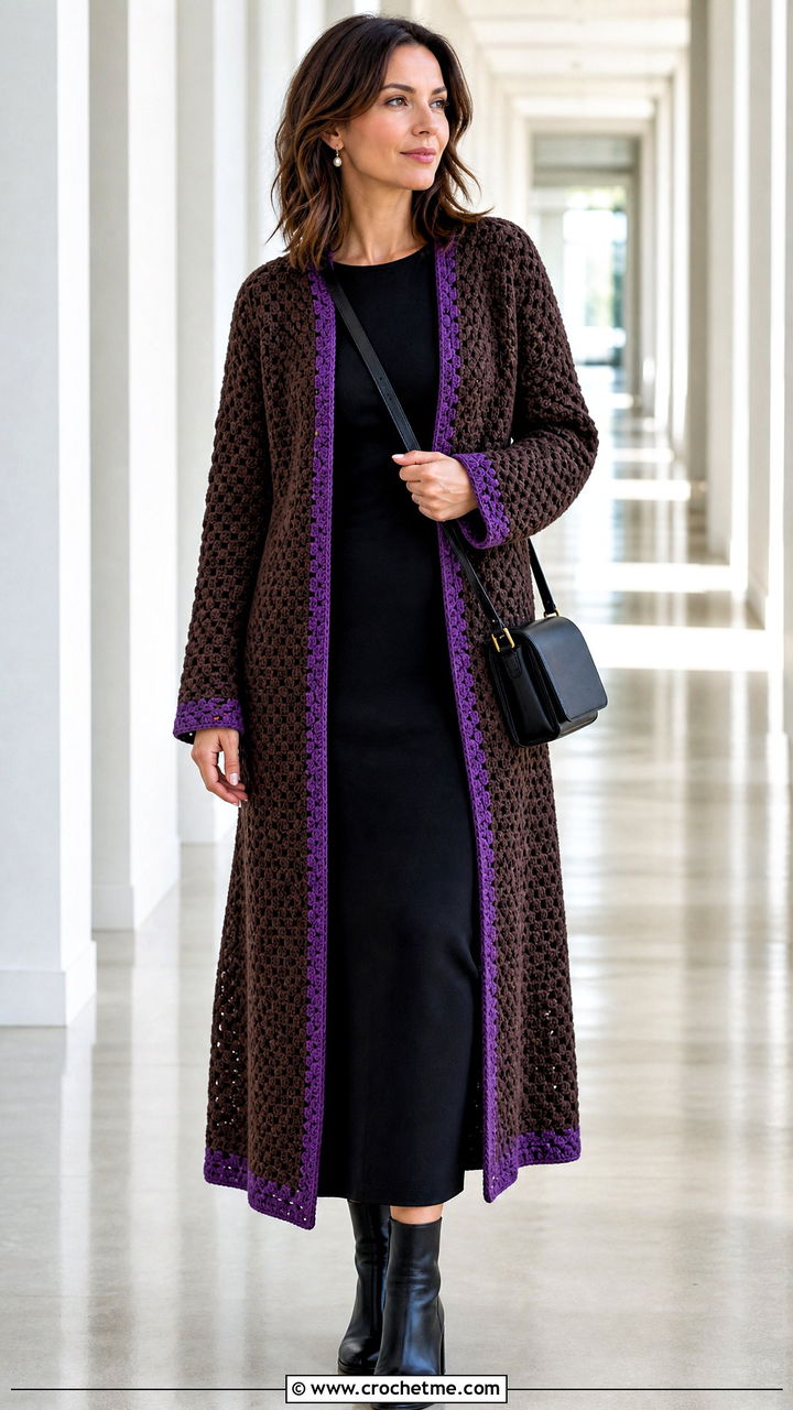 Longline Brown Crochet Cardigan Sweater With Column Dress - 35 crochet brown sweater outfit ideas