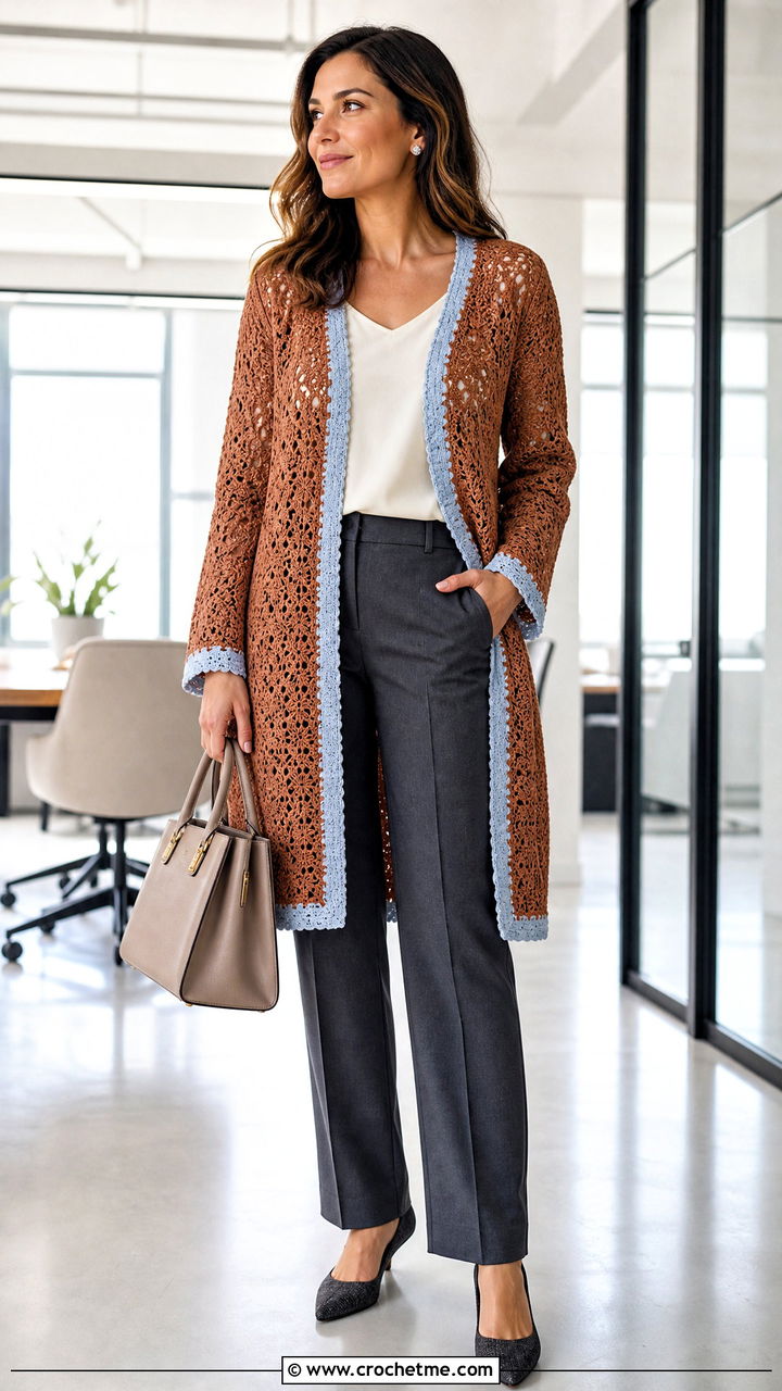 Longline Brown Crochet Cardigan With Tailored Trousers - 35 Brown Crochet Cardigan outfit ideas