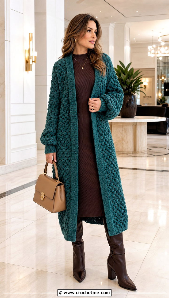 Longline Bubble Cardigan With Knit Dress And Boots - 15 Crochet Bubble Cardigan outfit ideas