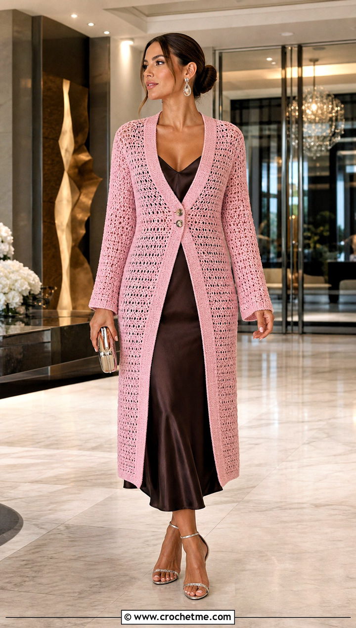 Longline Button Crochet Cardigan With Slip Dress - 15 crochet cardigan with button closure outfit ideas