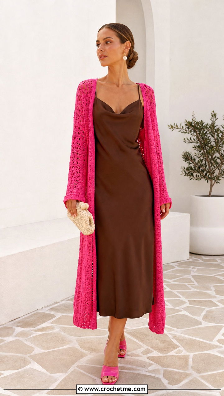 Longline Campfire Cardigan With Satin Slip Dress - 30 crochet campfire cardigan outfit ideas