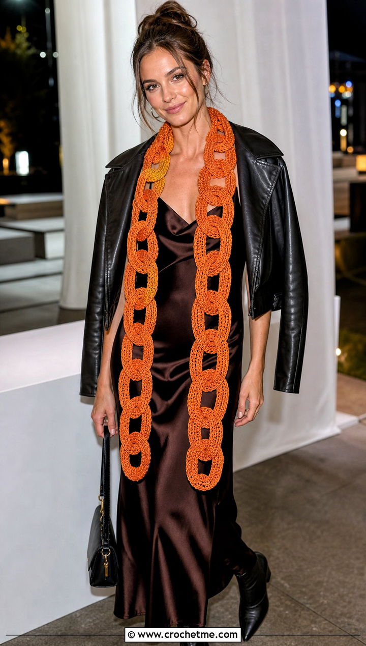 Longline Chain Link Crochet Scarf With Slip Dress And Leather Jacket - 15 Chain Link Crochet Scarf outfit ideas