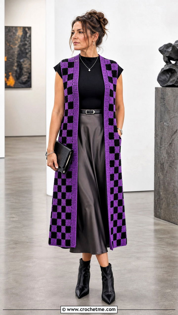 Longline Checkerboard Vest With Satin Midi Skirt - 15 Crochet Wednesday Addams Vest outfit ideas