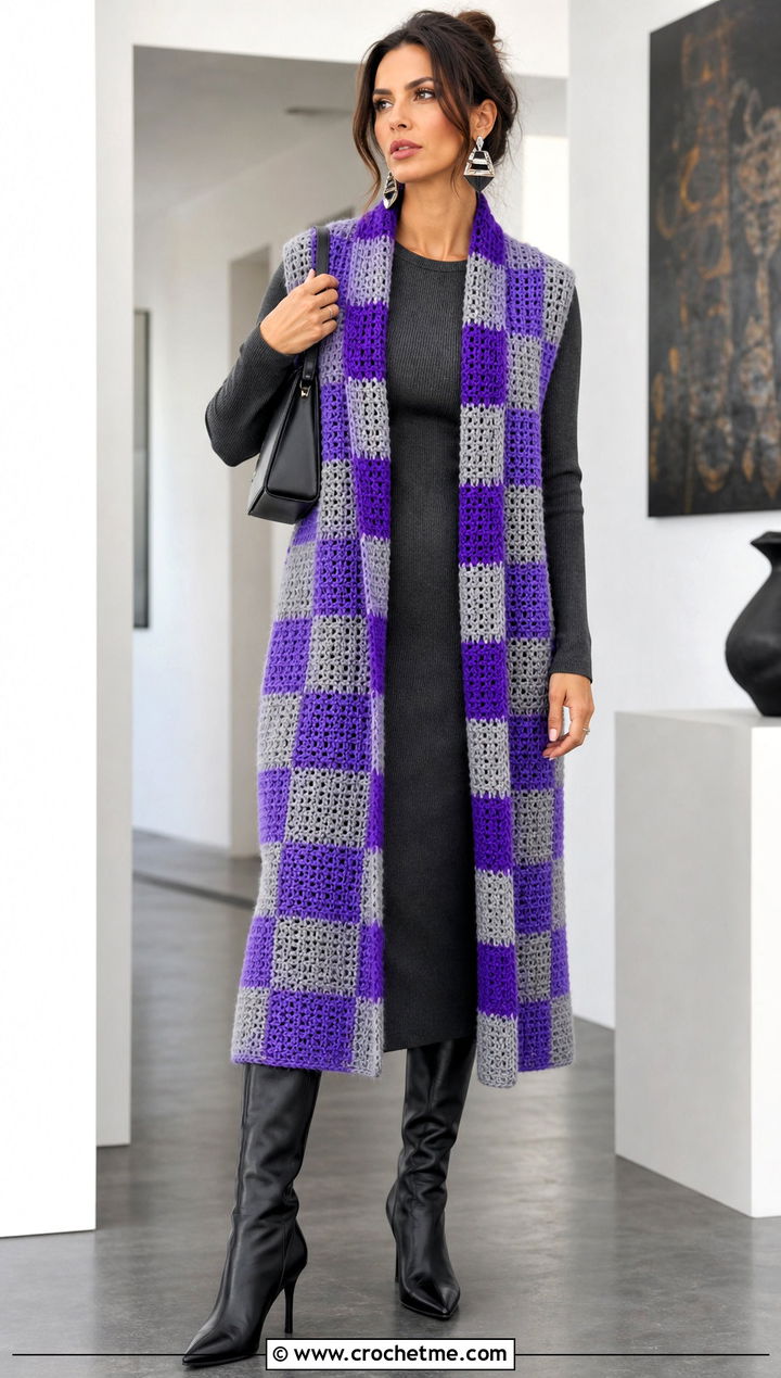 Longline Checkered Crochet Vest With Column Dress - 30 checkered crochet vest outfit ideas