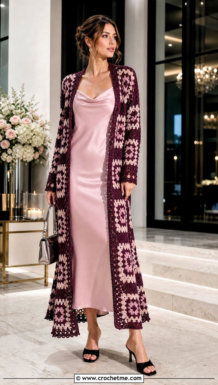 Longline Checkered Granny Square Cardigan With Satin Slip Dress - 25 checkered granny square cardigan outfit ideas