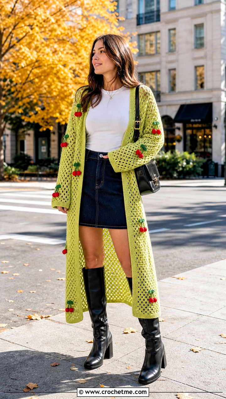 Longline Cherry Crochet Cardigan With Mini Skirt - 30 cherry crochet cardigan outfit ideas