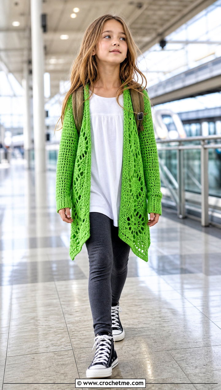 Longline Childs Hexagon Cardigan With Leggings - 15 Crochet Childs Hexagon Cardigan outfit ideas