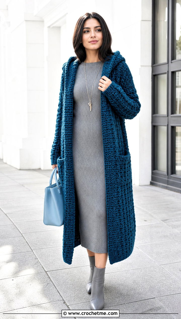 Longline Chunky Crochet Cardigan Hoodie With Knit Dress - 25 crochet chunky hoodie outfit ideas