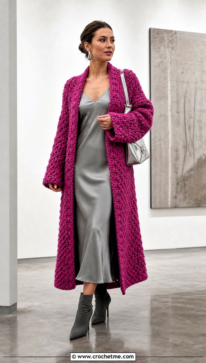 Longline Chunky Crochet Duster Coat With Slip Dress - 25 Chunky Crochet Coat outfit ideas