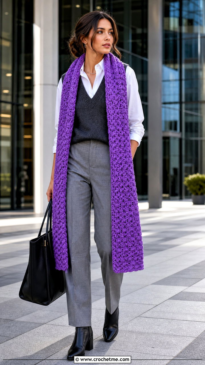 Longline Chunky Crochet Scarf With Knit Vest And Trousers - 35 chunky crochet scarf outfit ideas
