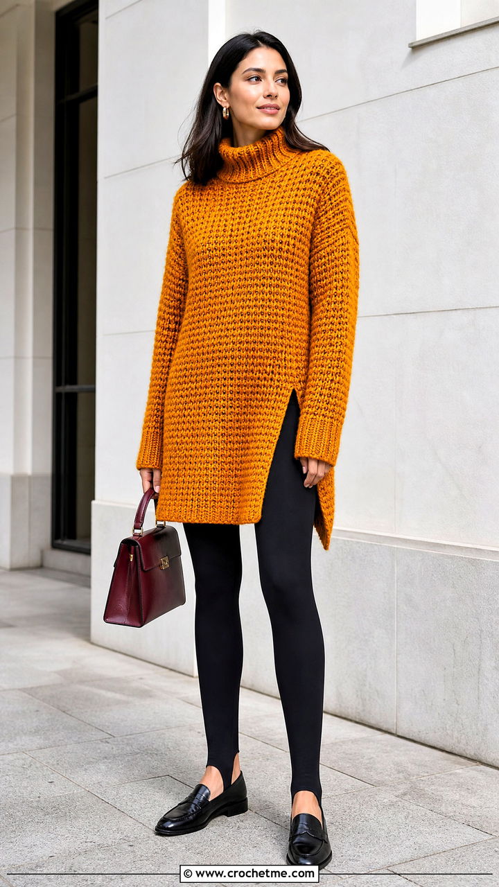 Longline Chunky Crochet Sweater With Stirrup Leggings - 35 chunky crochet sweater outfit ideas