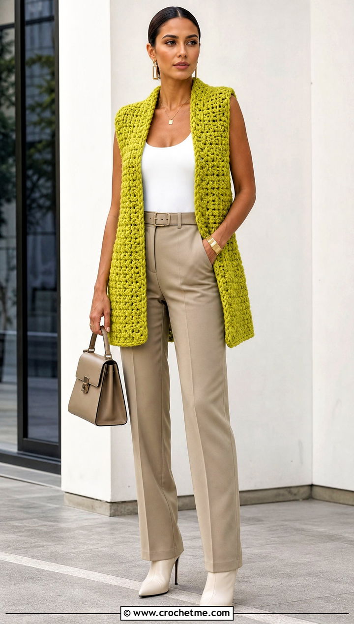 Longline Chunky Crochet Vest With Belted Trousers - 30 crochet chunky vest outfit ideas