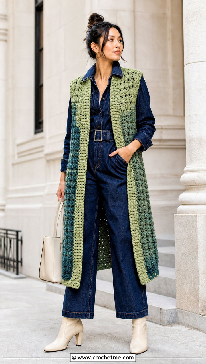 Longline Chunky Crochet Vest With Denim Jumpsuit - 20 Chunky Yarn Crochet Vest outfit ideas