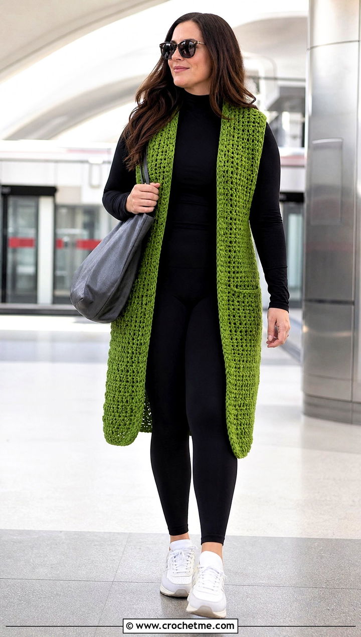 Longline Chunky Crochet Vest With Leggings And Sneakers - 25 Chunky Crochet Vest outfit ideas