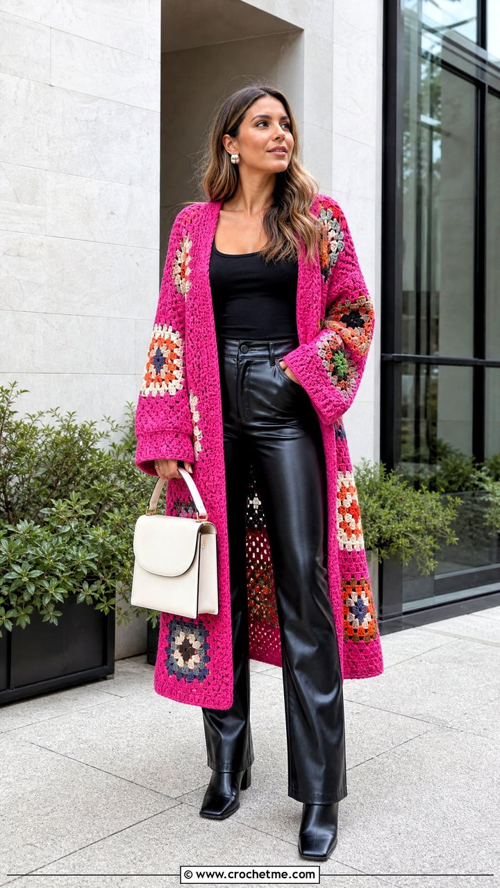 Longline Chunky Granny Square Cardigan With Leather Pants - 35 Chunky Granny Square Cardigan outfit ideas