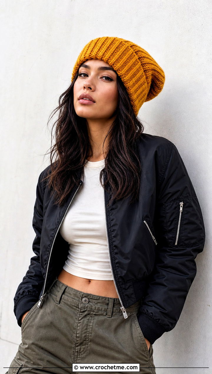 Longline Chunky Ribbed Crochet Beanie With Cargo Pants - 25 Chunky Ribbed Crochet Hat outfit ideas