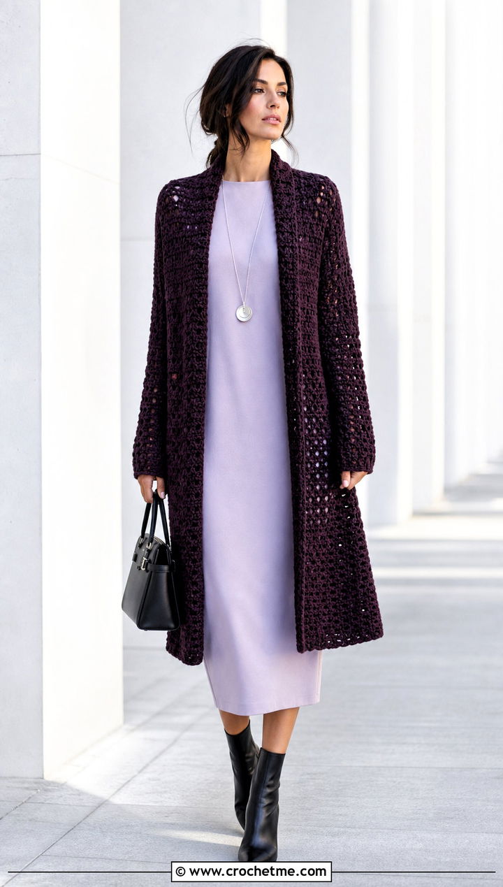 Longline Cocoon Crochet Cardigan With Column Dress - 25 Cocoon Crochet Cardigan outfit ideas
