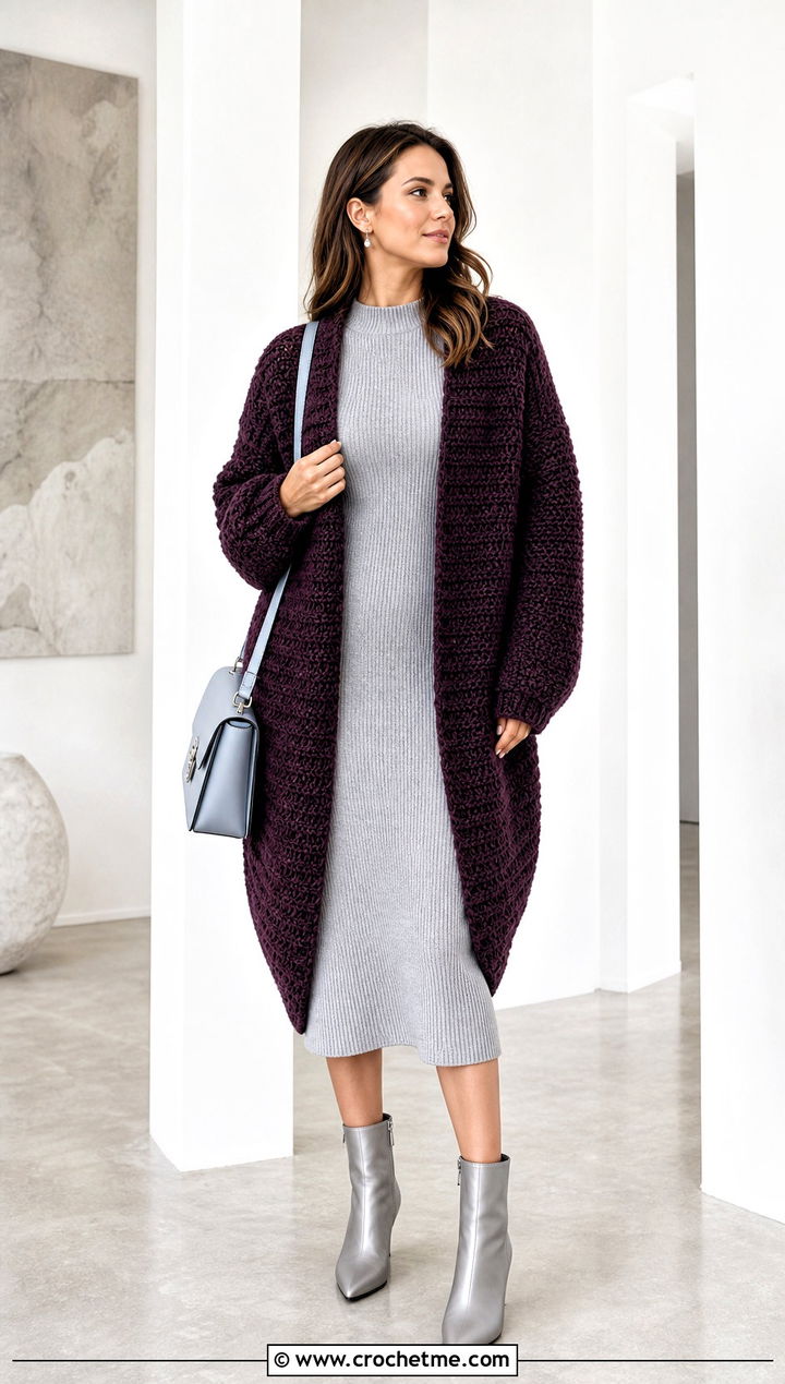 Longline Cocoon Crochet Cardigan With Column Dress - 30 bulky yarn crochet sweater outfit ideas