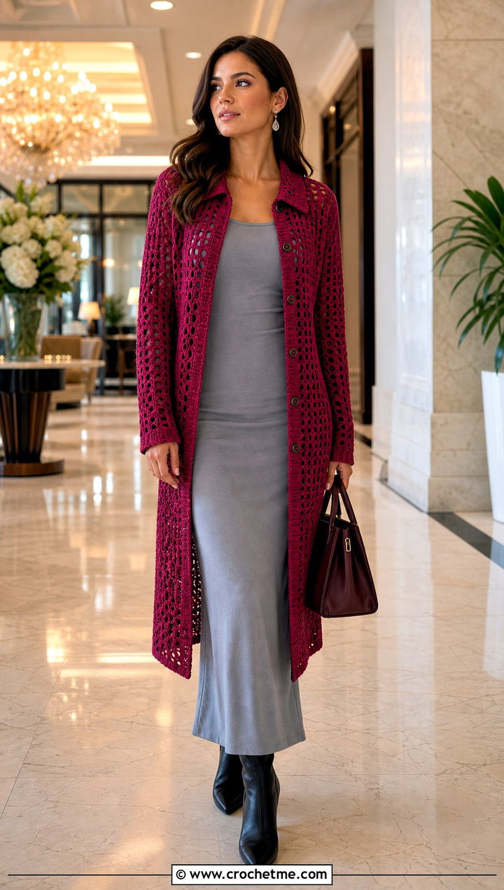 Longline Collared Crochet Sweater With Column Dress - 20 Crochet Collared Sweater outfit ideas