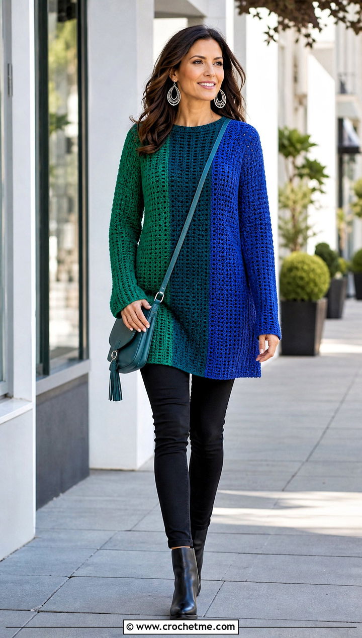 Longline Color Block Crochet Sweater With Skinny Jeans - 25 Color Block Crochet Sweater outfit ideas