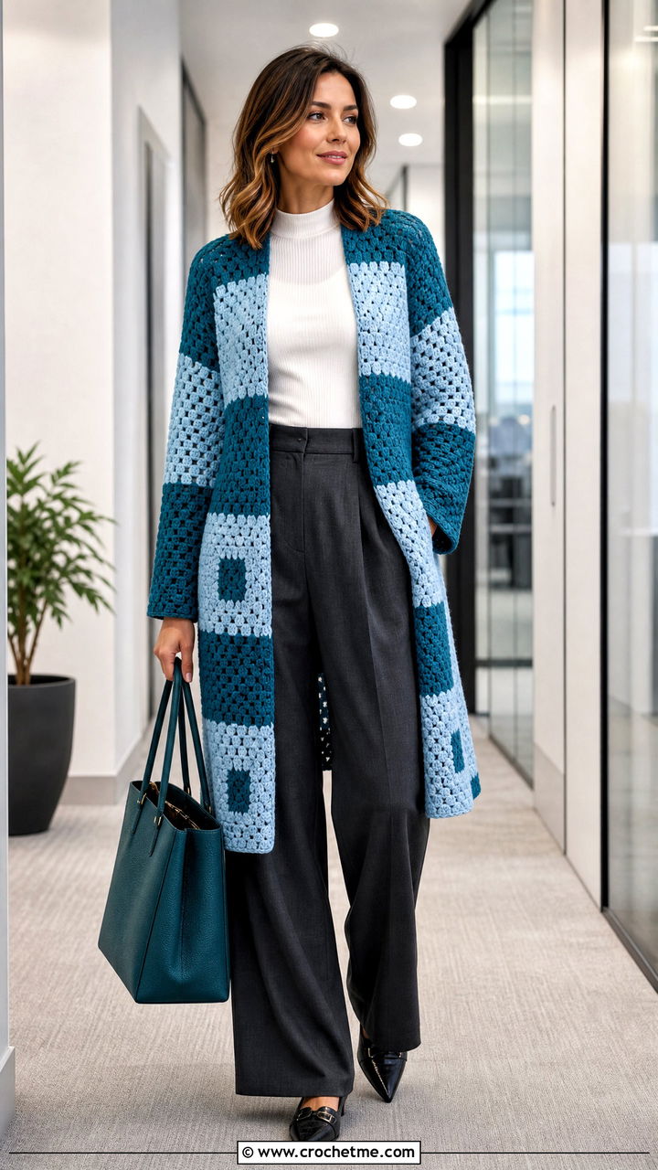 Longline Color Block Patchwork Cardigan With Tailored Trousers - 35 crochet patchwork cardigan outfit ideas