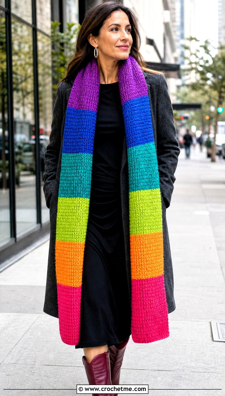 Longline Color Block Rainbow Scarf With Coat And Midi Dress - 15 Crochet Rainbow Scarf outfit ideas