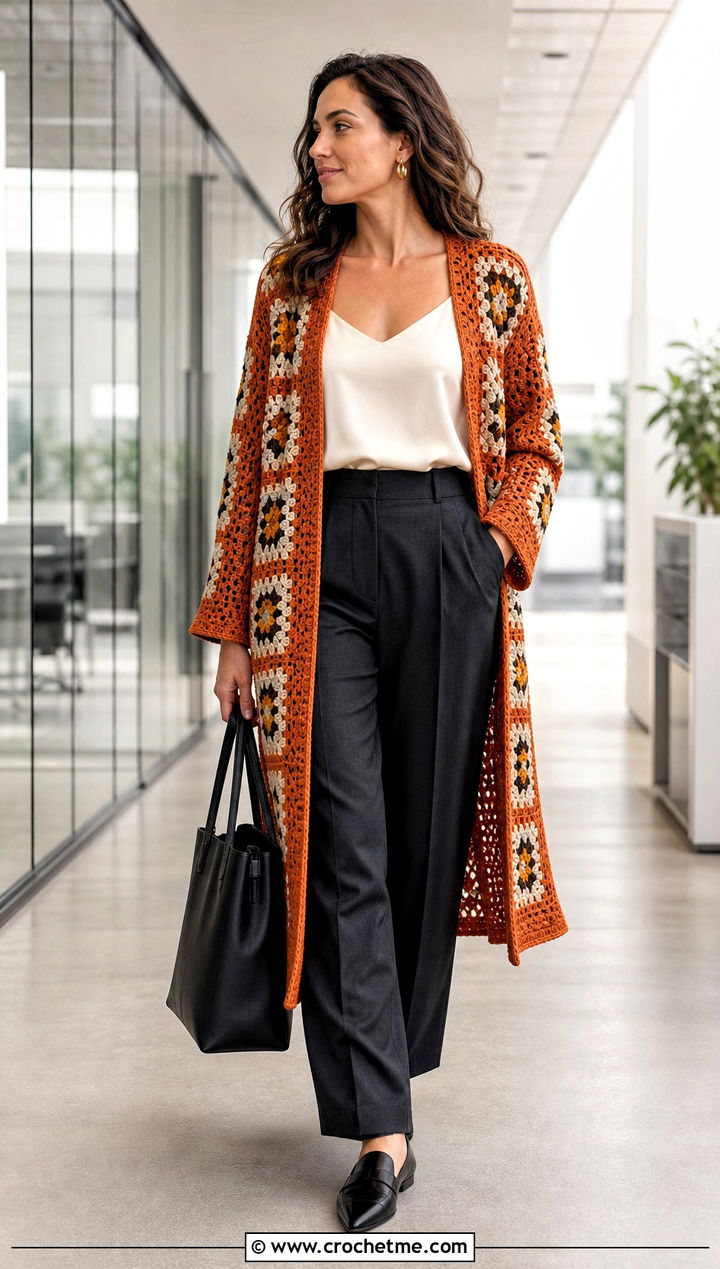 Longline Continuous Granny Square Cardigan With Tailored Trousers - 25 continuous granny square cardigan outfit ideas