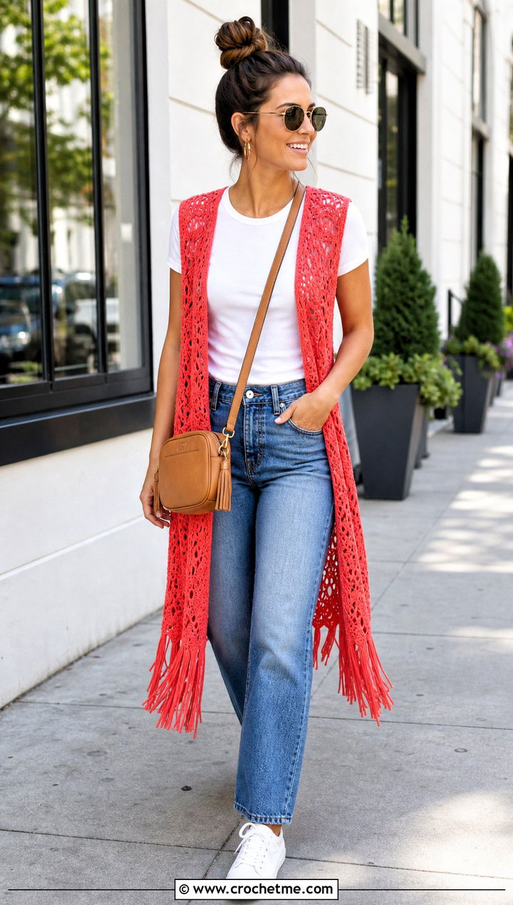 Longline Coral Fringe Vest With Straight Leg Jeans - 15 coral fringe vest in knit crochet boho style outfit ideas
