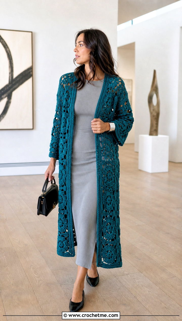 Longline Cotton Granny Square Cardigan With Column Dress - 25 cotton granny square cardigan outfit ideas
