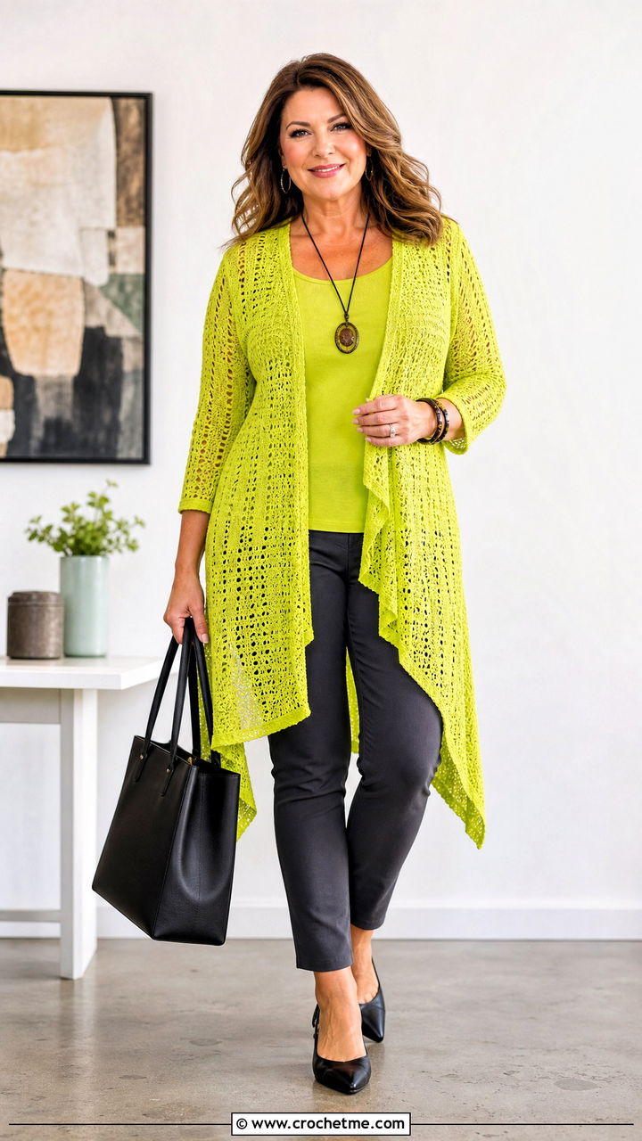 Longline Crochet Asymmetrical Tunic Top With Slim Pants - 35 crochet asymmetrical top outfit ideas